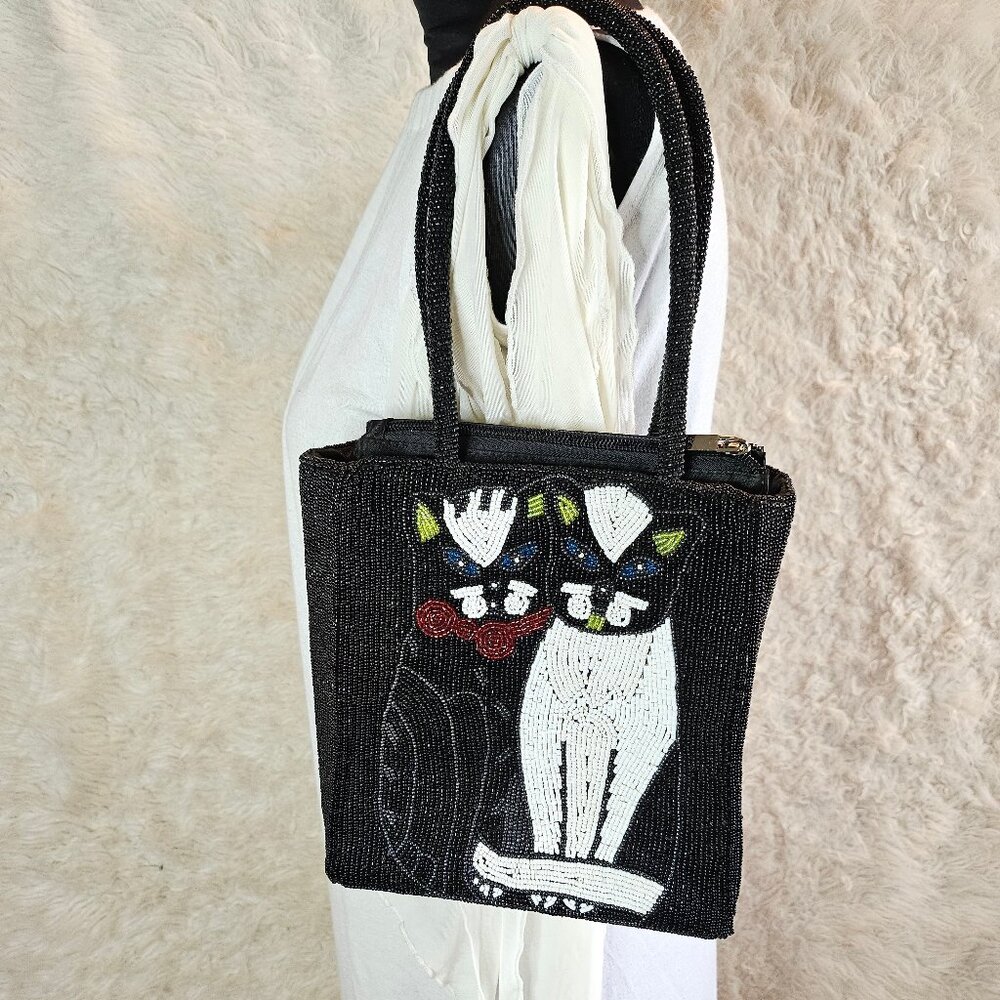 Vintage Handmade Beading Kitty Cats Mini Handbag